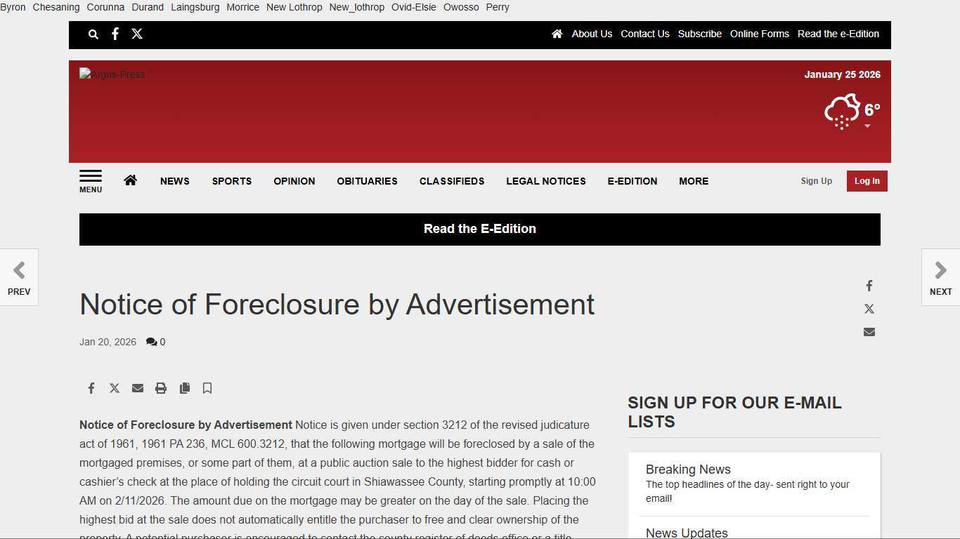 Notice of Foreclosure by Advertisement Legal Notices argus-press.com